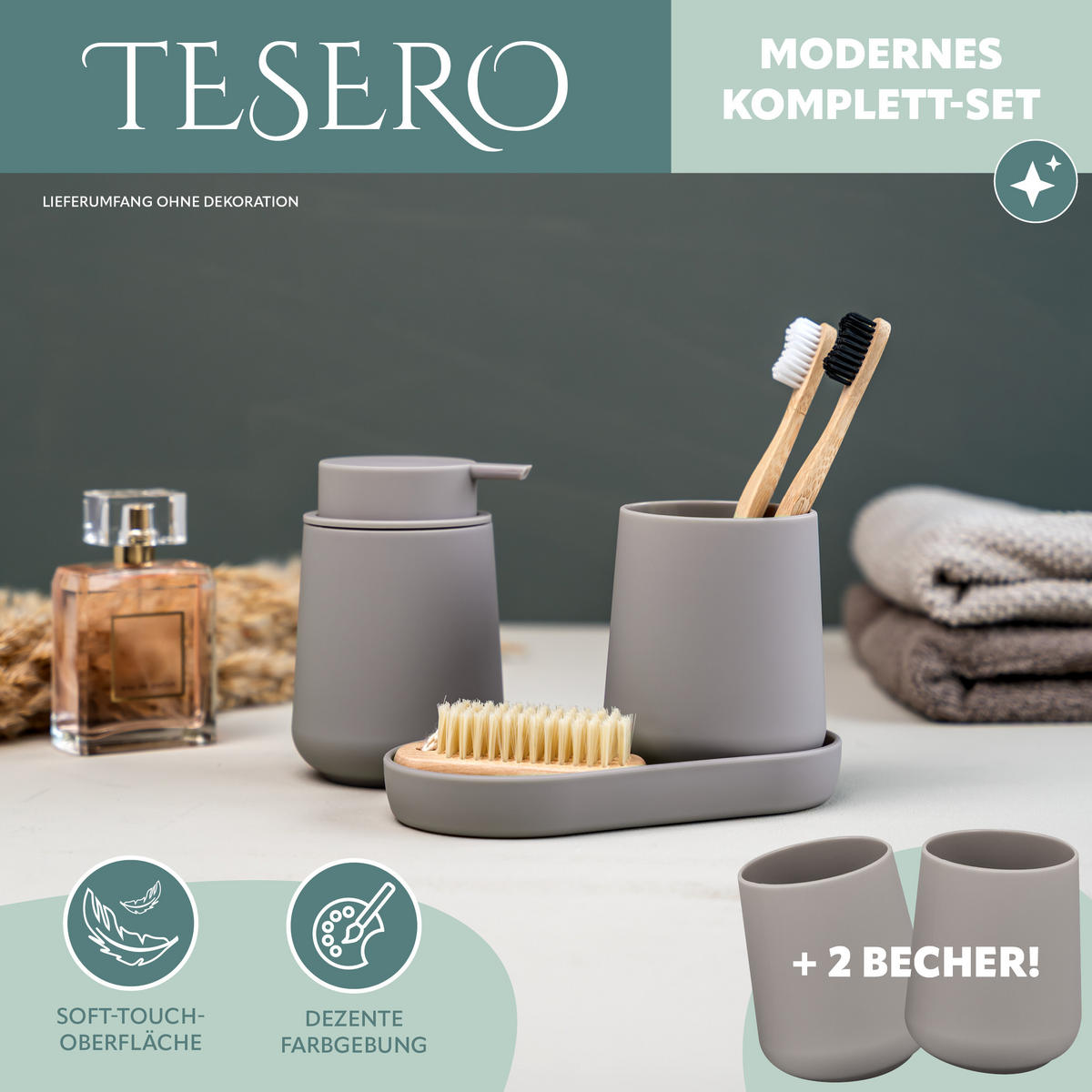 BAD-ACCESSOIRES-SET TESERO 5tlg., Soft-Touch, taupe - Taupe, Kunststoff (8.5/12/9cm) - eluno