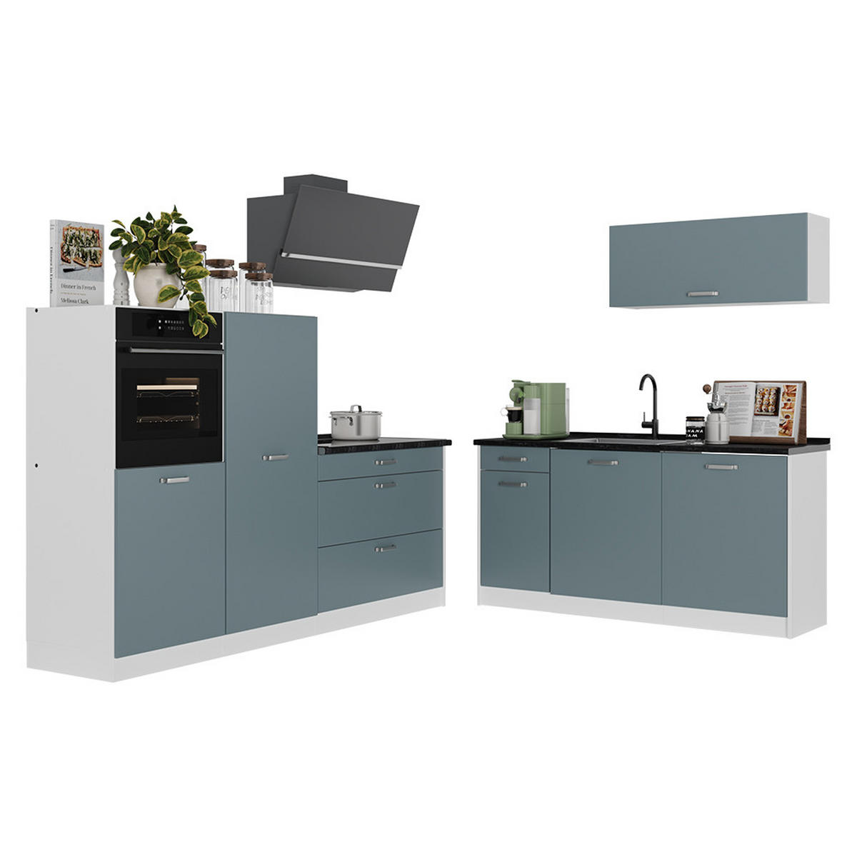 KÜCHENZEILE R-Line, Blau-Grau/Weiß, 220 cm ohne Arbeitsplatte - Blaugrau/Weiß, Holzwerkstoff (220/143/46cm) - Vicco