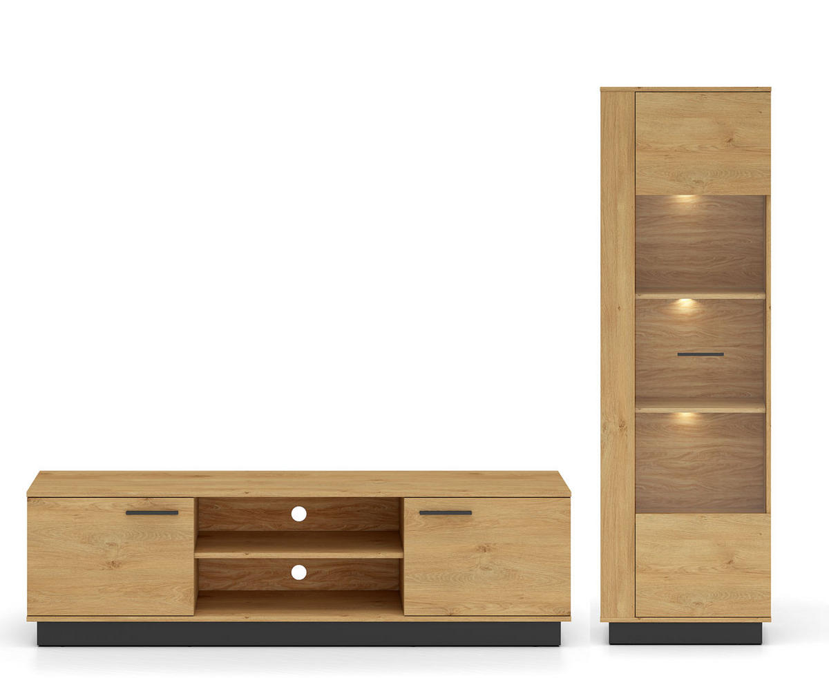 WOHNZIMMER-SET Modesto Eiche Style hell / schwarz 2-teilig - Hellbraun/Eichefarben, Holz/Holzwerkstoff (230/196/40cm) - Feldmann-Wohnen