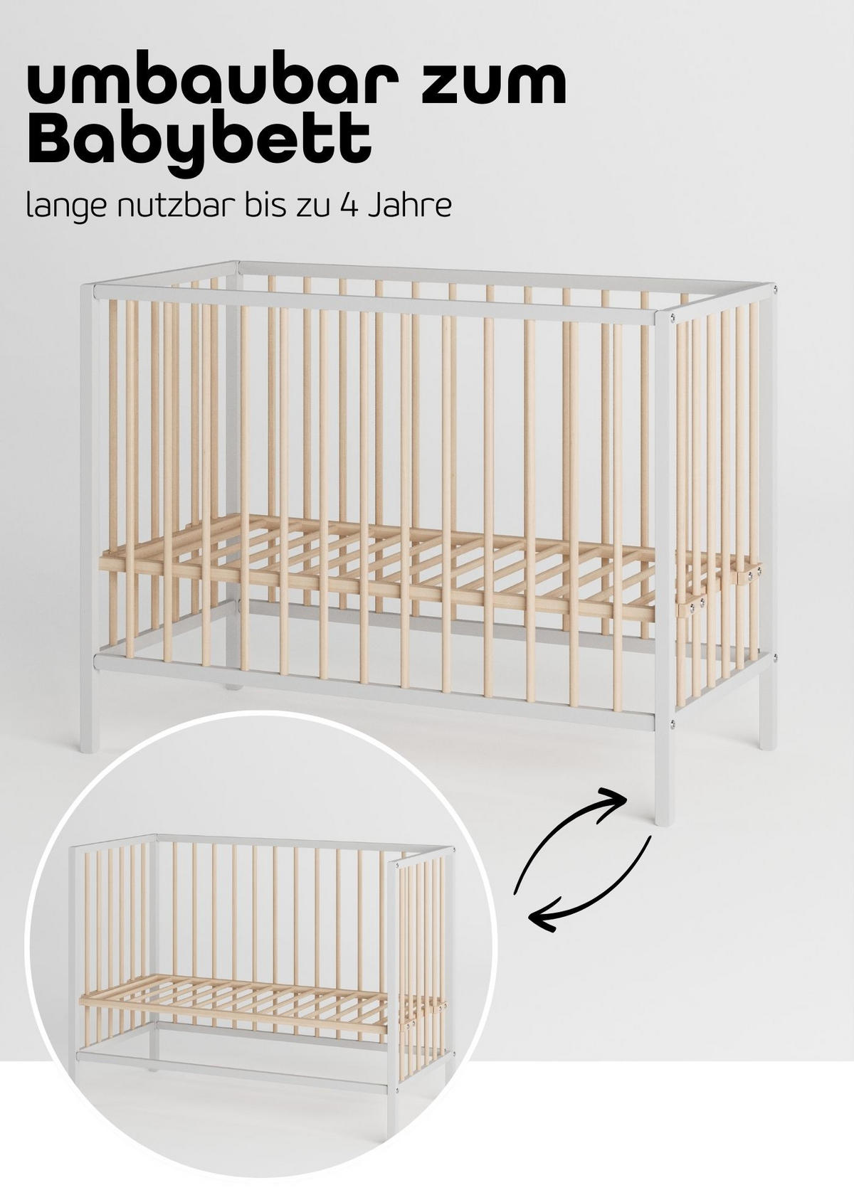 BEISTELLBETT mit Umbauseite - weiß/natur - Dreamy 4 in 1 Bett - Weiß/Naturfarben, Holz (120/90/60cm) - Sämann – make a difference.