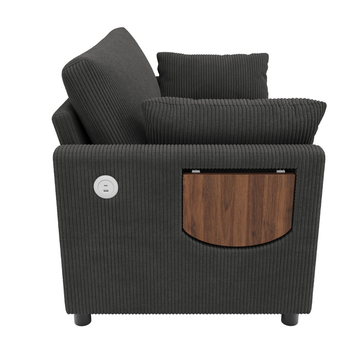 SCHLAFSOFA 134/82/84 cm Grau mit USB‑Ladeanschluss, klappbarem Seitentisch, Matratze, 2 Bettlaken und 2 Kissen - Grau, Textil (134/84/82cm) - Oxeza