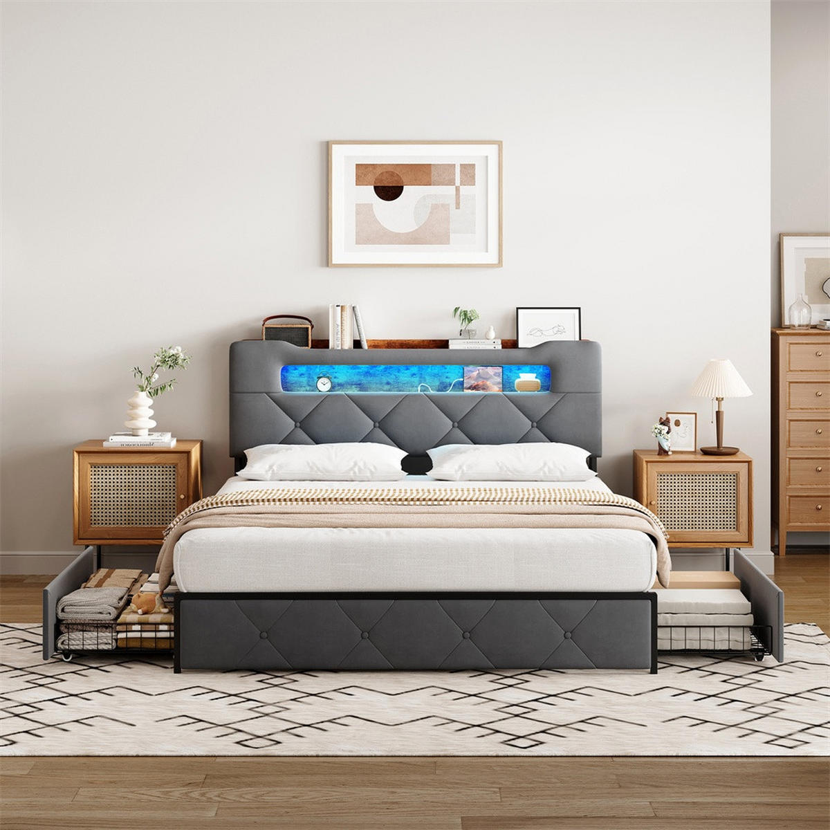 POLSTERBETT 140x200 cm - Doppelbett mit Stauraumkopfteil - 4 Schubladen und LED-Beleuchtung - ohne Matratze - Grau - Grau, Textil (140/200cm) - DELFA