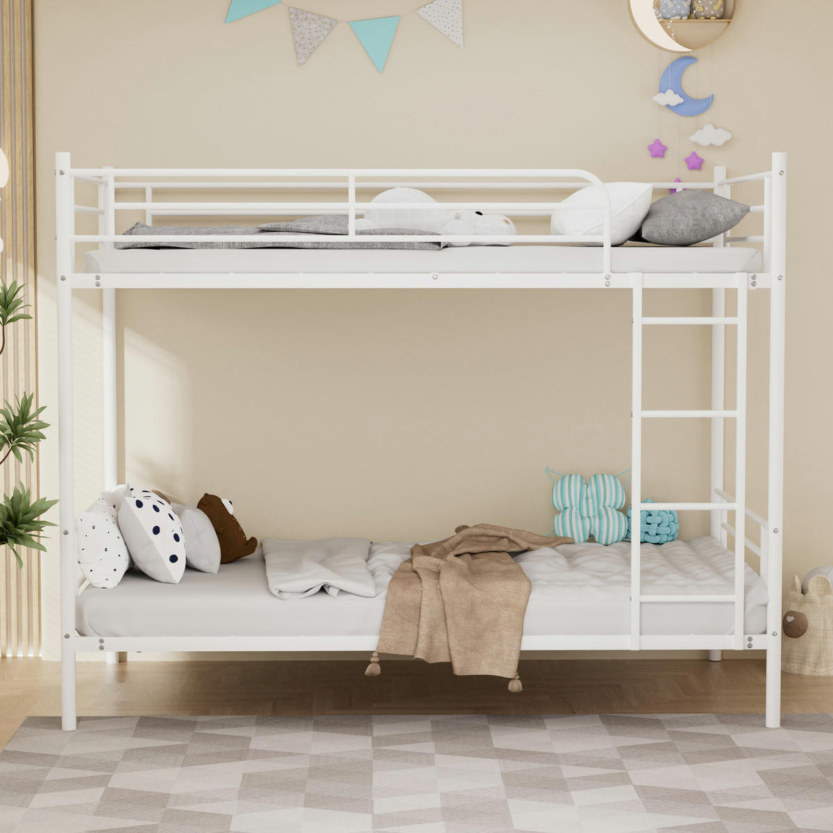 ETAGENBETT 90/190 cm mit Metalltreppe und Geländer, DE-41905, in Weiß - Weiß, Metall (90/190cm) - ComfortXL