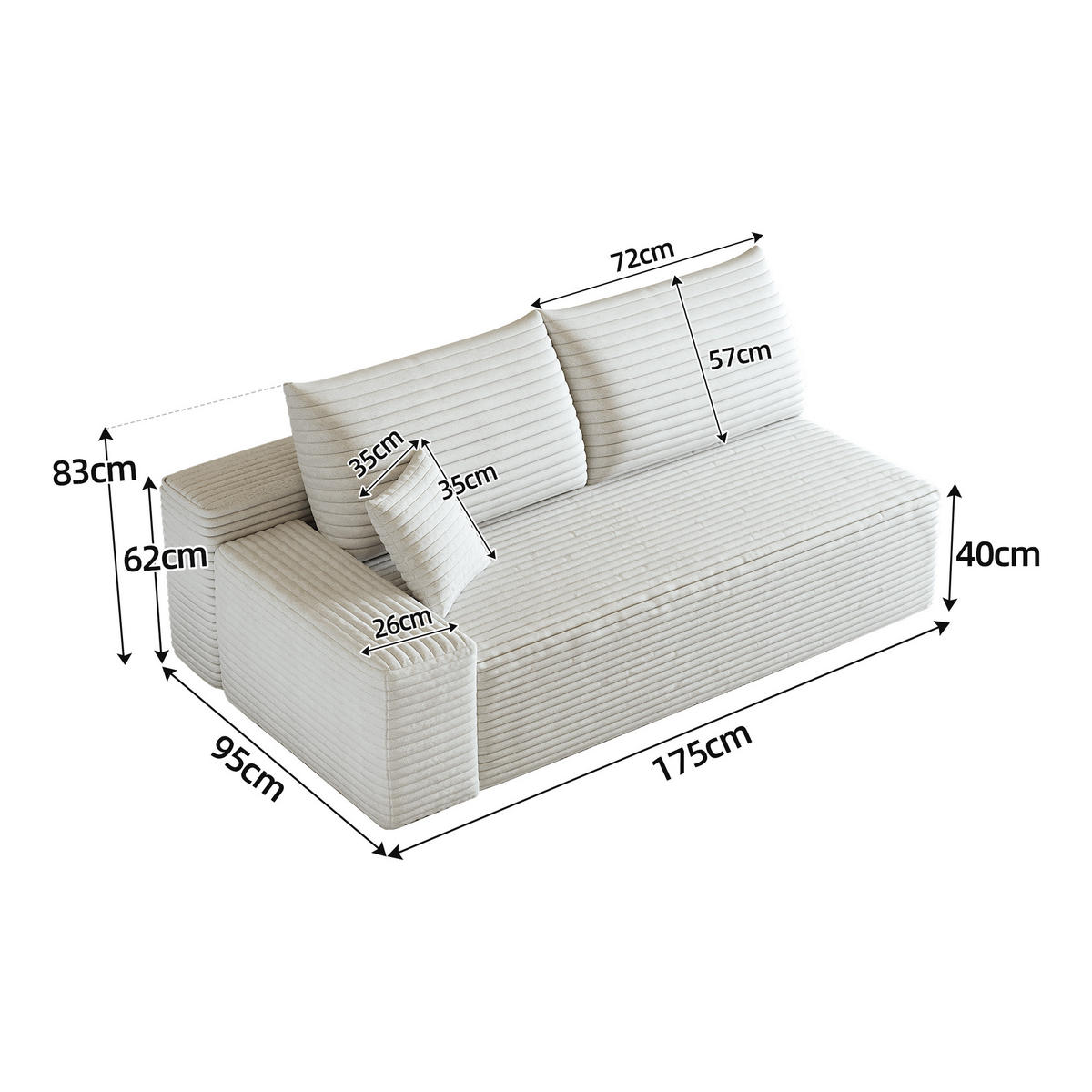 SOFAELEMENT DE-34752 linke mit Cordbezug Weiß - Weiß, Textil (95/83/175cm) - ComfortXL