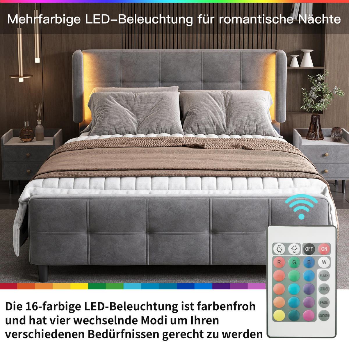 TAPECIRANI krevet 140/200 cm s LED osvjetljenjem, podesivim uzglavljem i prošivenim detaljima, Siva - siva, tekstil (140/200cm) - Redom