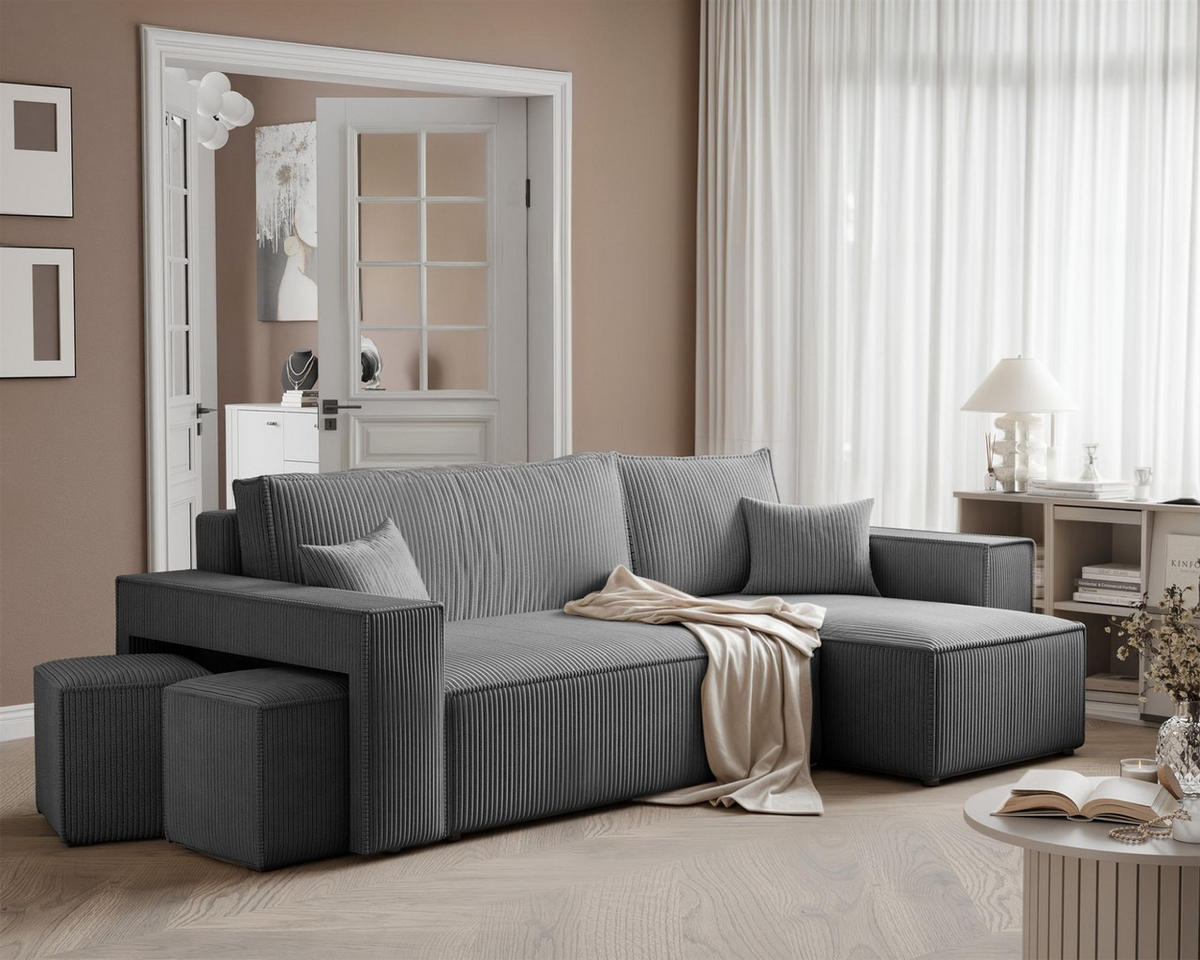 ECKSOFA Adara Inkl. Hocker - Grau, Holzwerkstoff/Textil (145/262cm) - Fun Möbel