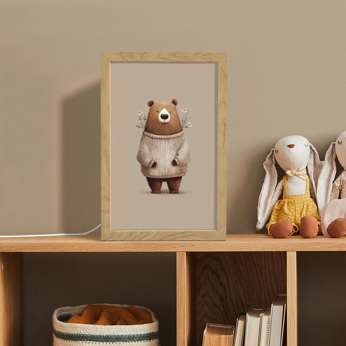 NACHTTISCHLAMPE Bär - Weiße Blumen - Gemütlich 20x30 cm - Taupe, Holzwerkstoff (8/20/30cm)