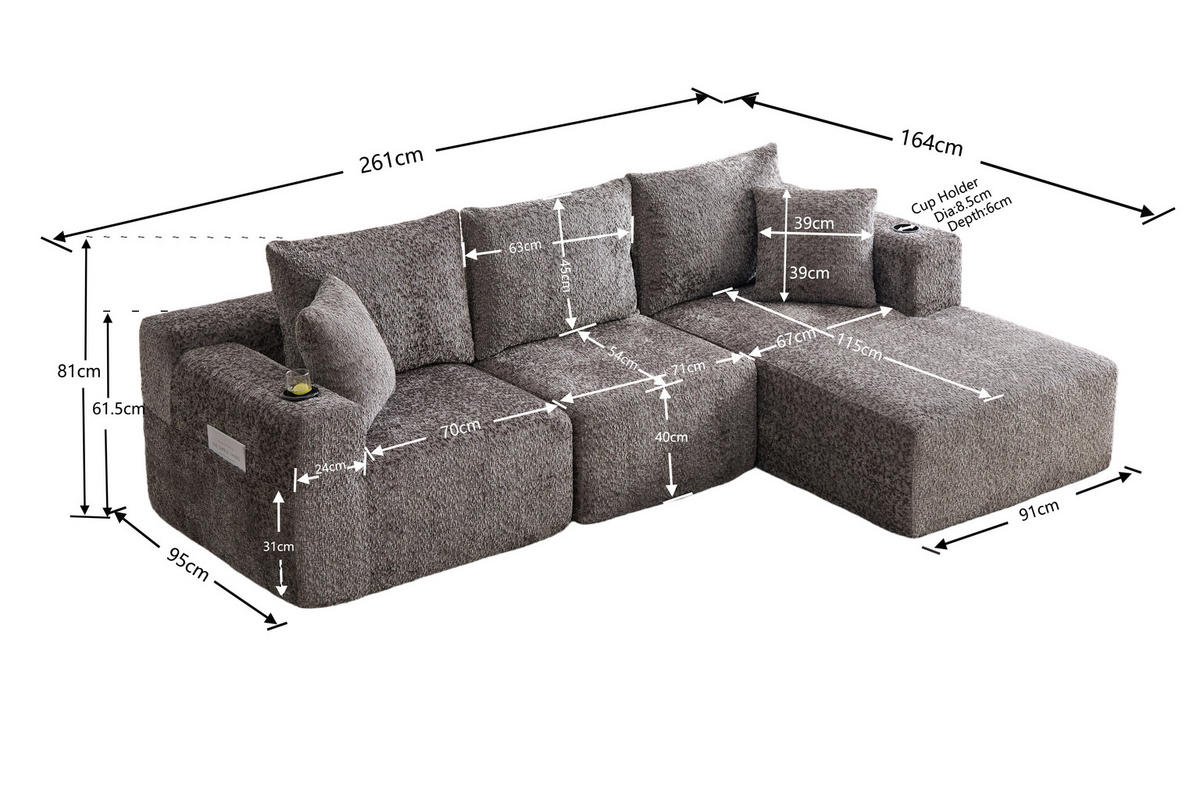 ECKSOFA 261/165/80,5 cm dunkelgrau aus Chenille ohne Montage - Dunkelgrau, Textil (261/165cm) - OKWISH