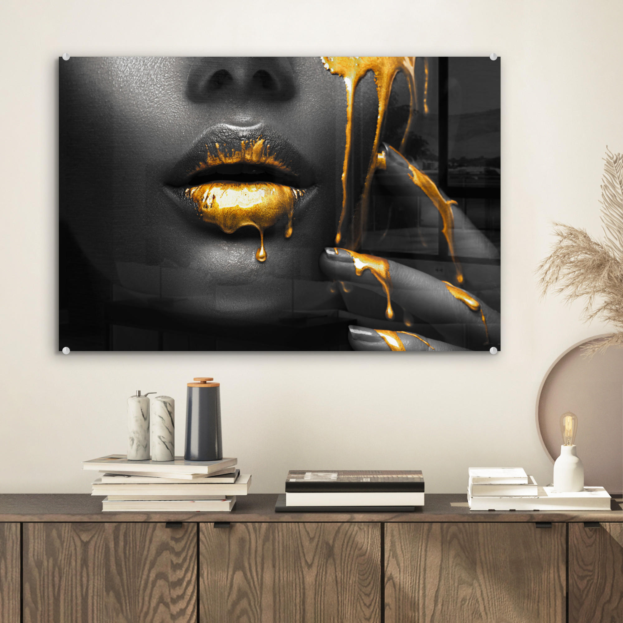 ACRYLGLASBILD Frau - Schwarz - Gold - Gesicht - Lippen 60x40 cm - Goldfarben, Glas (60/40cm) - MuchoWow