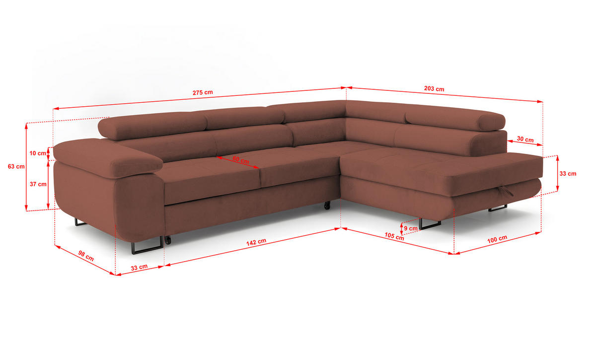 ECKSOFA Velmo mit Bettkasten und Schlaffunktion, verstellbaren Kopfstützen, in L-Form - Hellrosa, Textil (275/203cm)