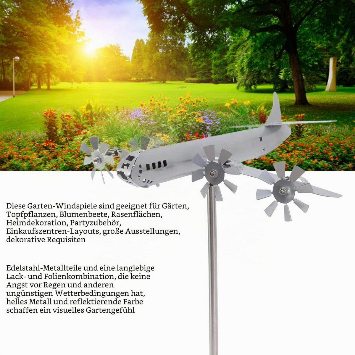 WINDSPIEL Flugzeug Edelstahl wetterfest - Silberfarben, Metall (60/50/30cm)