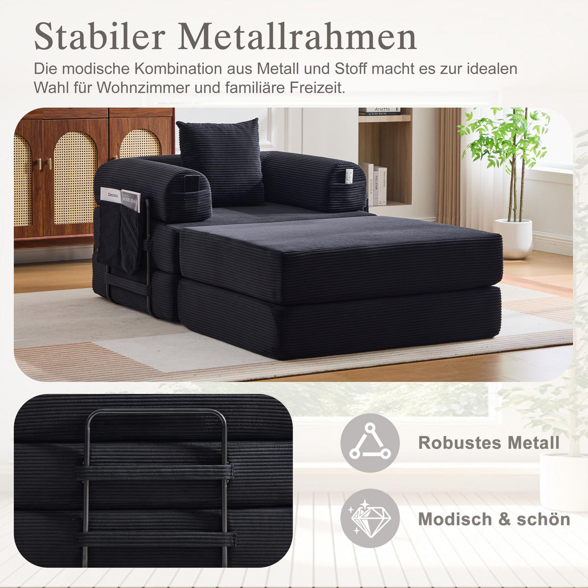 SOFA Cord Schwarz mit Kissen und Hocker - Schwarz, Textil/Metall (112/67/190cm) - WISHDOR