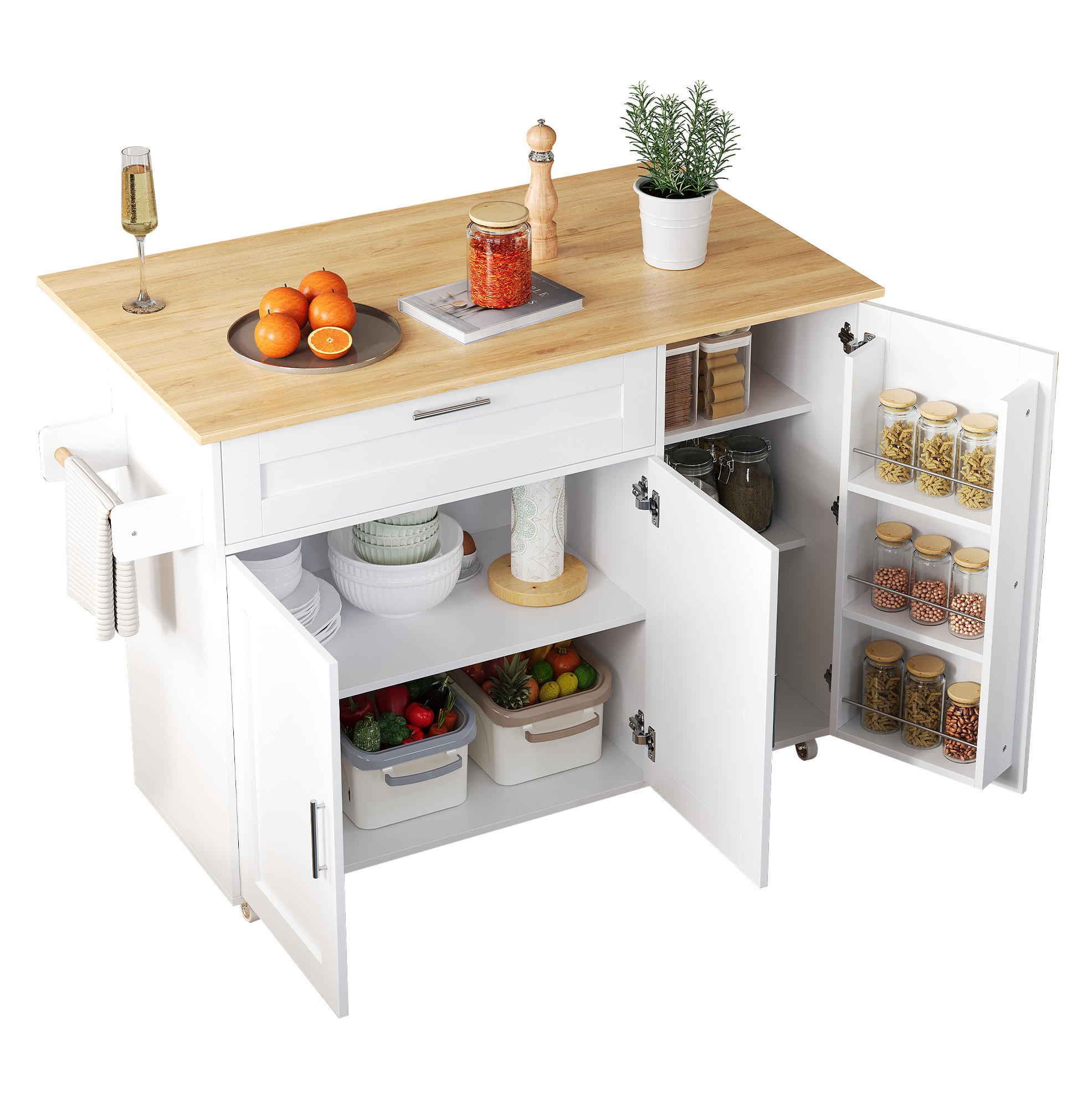 Modfu KUCHYŇSKÝ vozík z MDF 132,5x44(70)x90 cm bílý/přírodní se sklopnou deskou, 5 kolečky a úložným prostorem