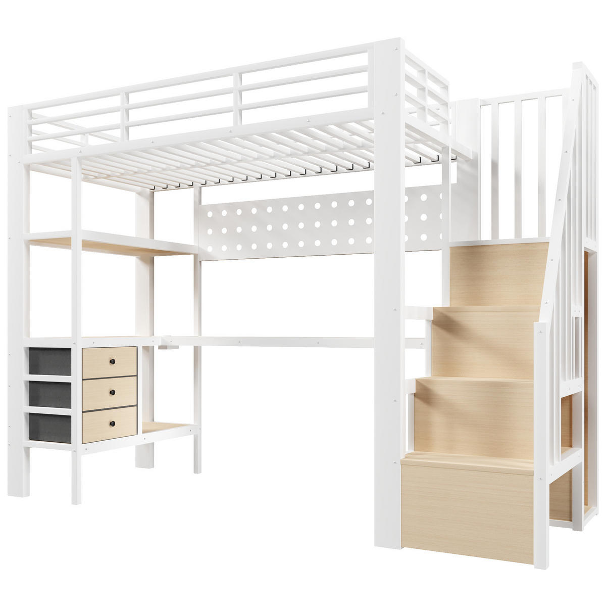 HOCHBETT 90/200 cm aus MDF und Metall mit Schublade, Lochwand, Tisch, LED-Licht, Weiß - Weiß, Holzwerkstoff (90/200cm) - OKMYHOME
