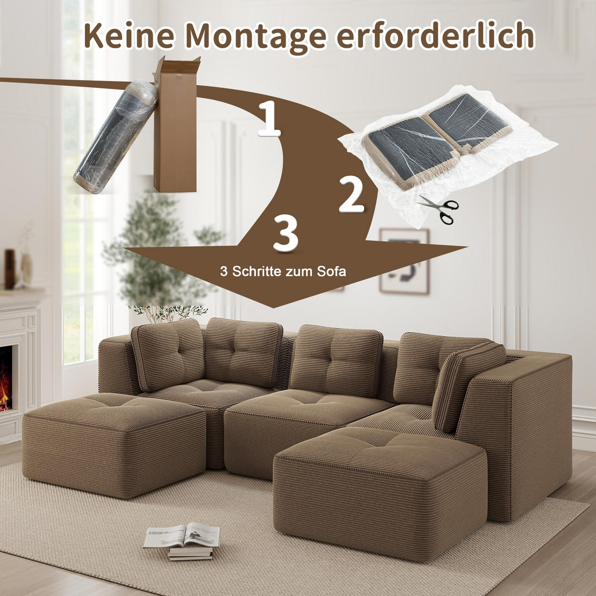 WOHNLANDSCHAFT Cord Braun - Braun, Textil (297/69/177cm) - WISHDOR