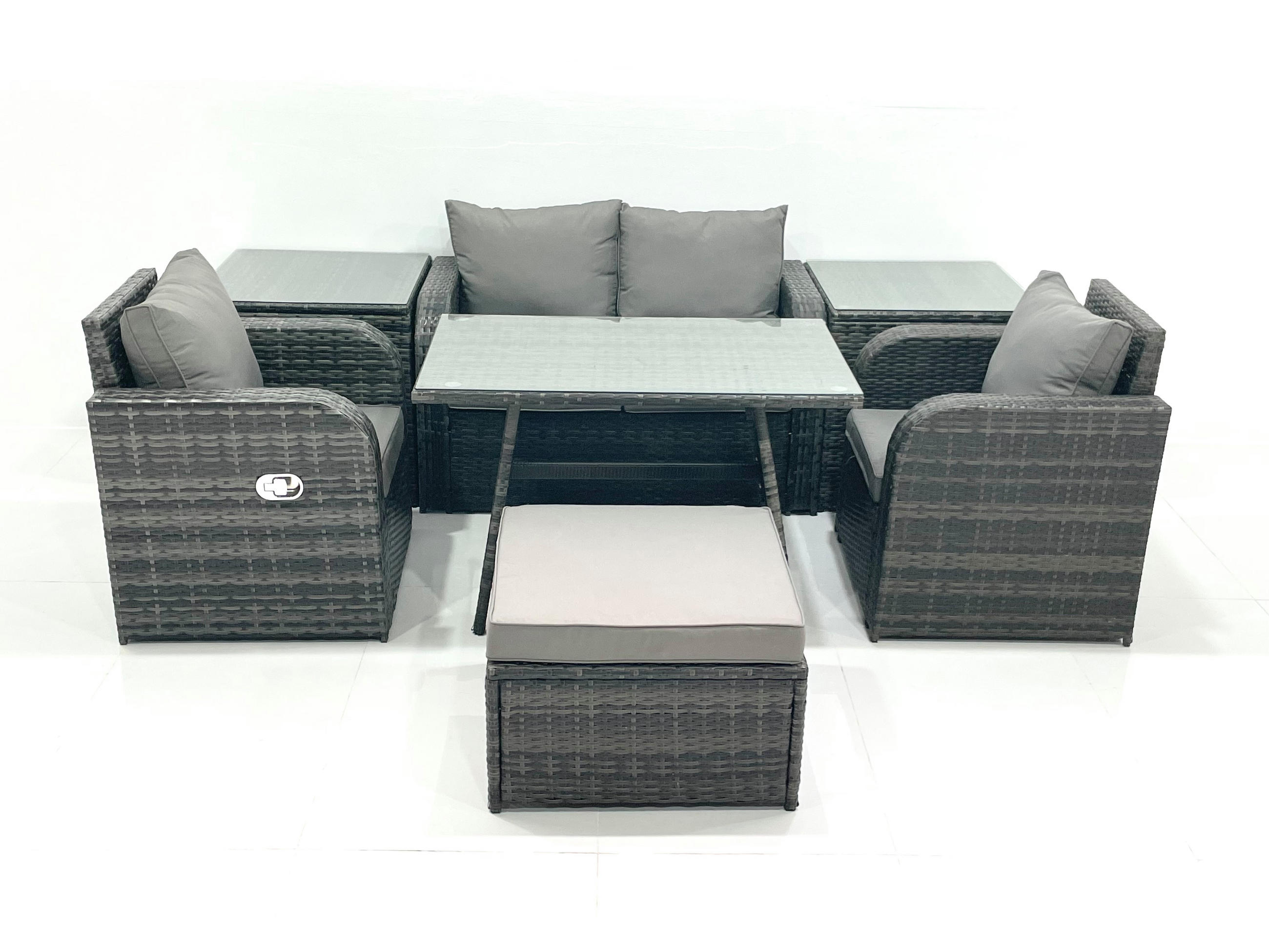 GARTENMÖBEL SET mit COUCHTISCH Polyrattan Dunkelgrau 5-Sitzer - Dunkelgrau/Grau, Glas/Kunststoff - Fimous