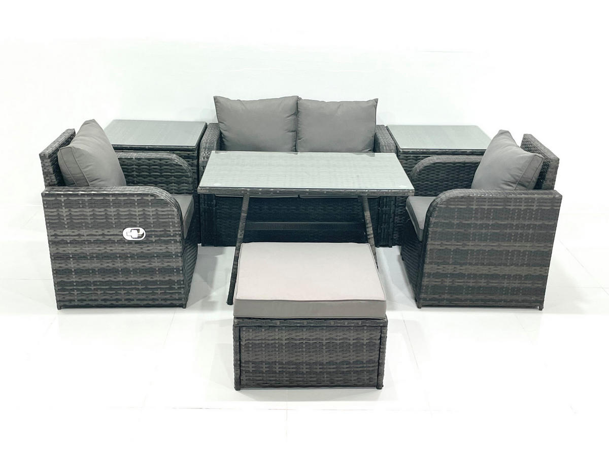 GARTENMÖBEL SET mit COUCHTISCH Polyrattan Dunkelgrau 5-Sitzer - Dunkelgrau/Grau, Glas/Kunststoff - Fimous