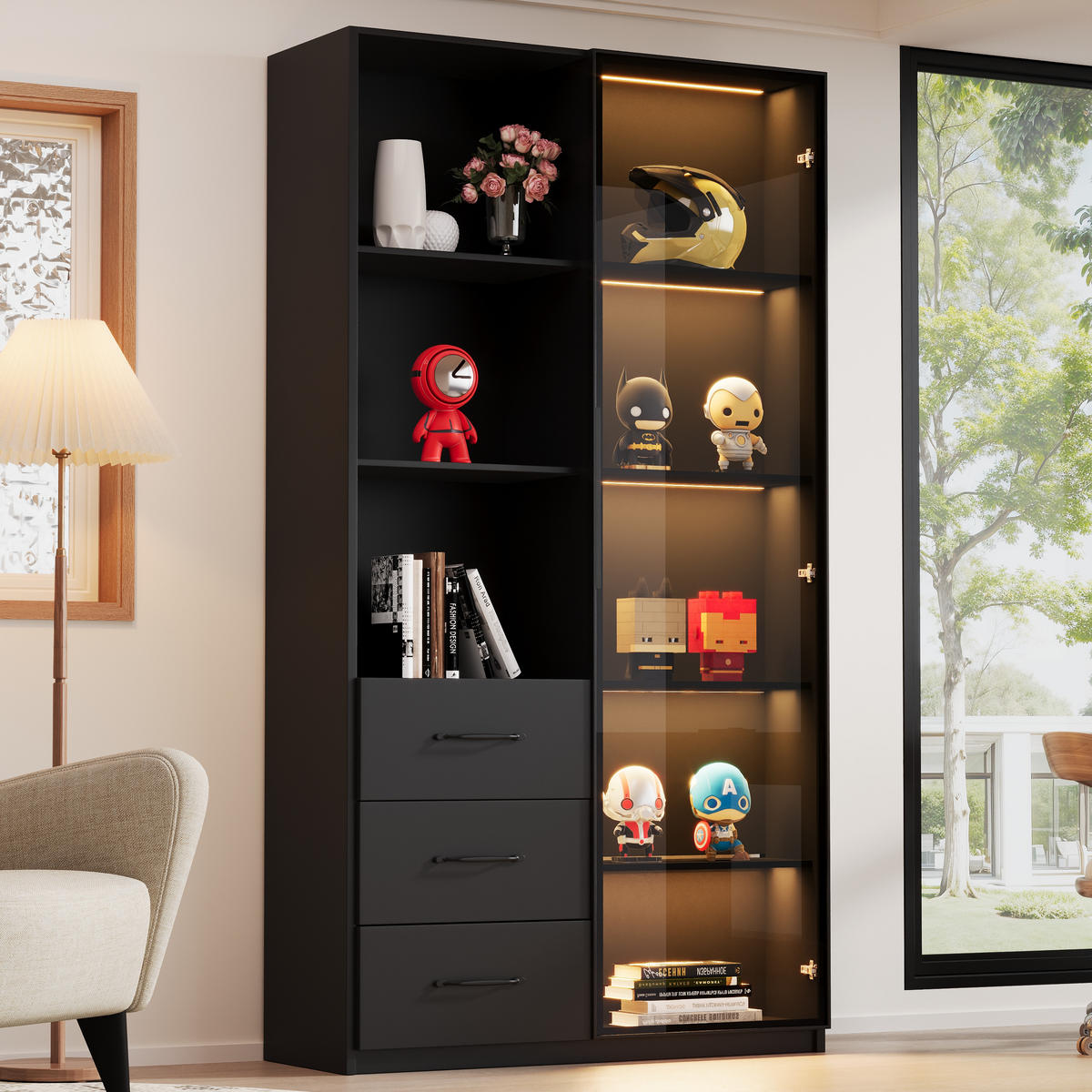 VITRINE 80cm Glas LED 3 Schubladen 3 Fächer modern - Schwarz, Holzwerkstoff (80/160/40cm) - FLIEKS
