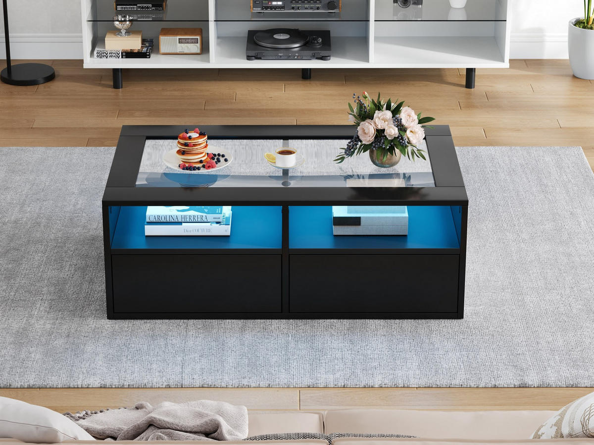 COUCHTISCH 100/50/35 cm mit LED-Beleuchtung, App-Steuerung, USB-Anschluss und 2 Schubladen, Schwarz - Schwarz, Glas (100/50/35cm) - Redom
