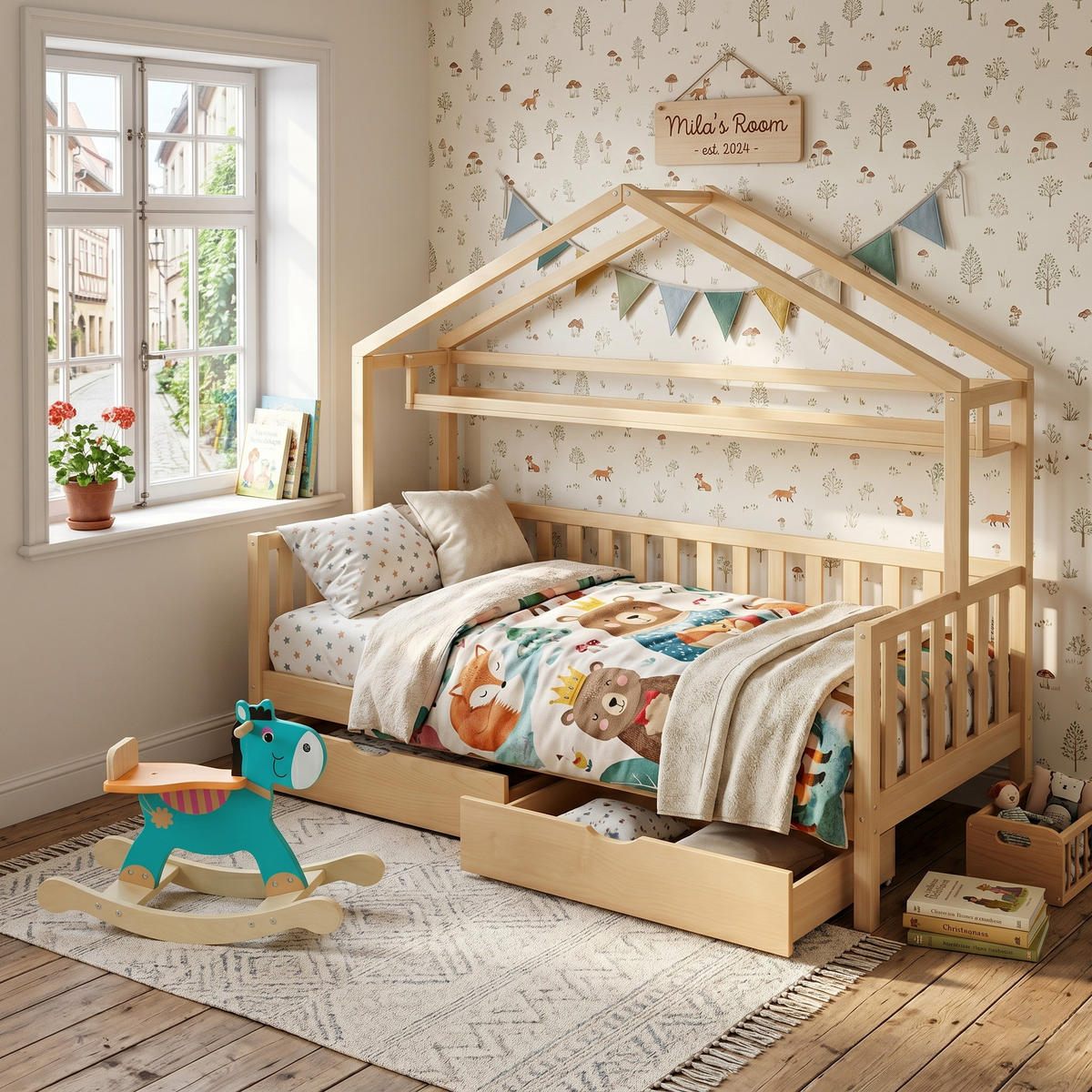 KINDERBETT HAUSBETT 90x200 massivholz in natur mit 2 schubladen & GRATIS schaukeltier - Naturfarben, Holz (90/200cm) - Urban Meuble