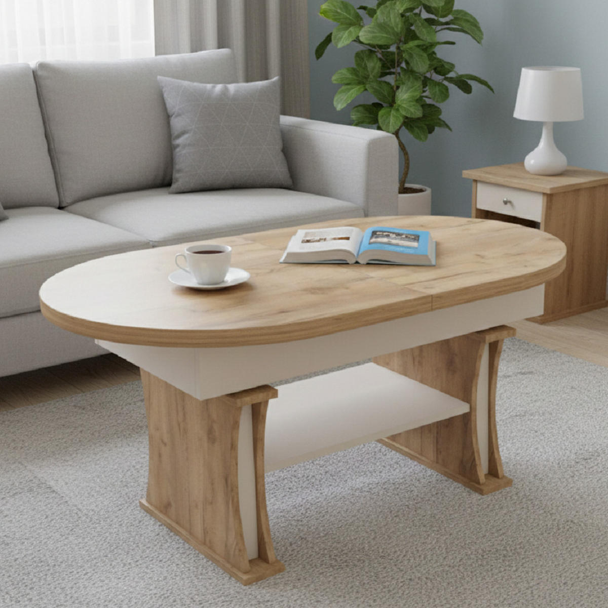 COUCHTISCH oval ausziehbar höhenverstellbar Ablage 130/80/60 cm - Eichefarben/Beige, Holzwerkstoff (80/130/60cm) - designimpex