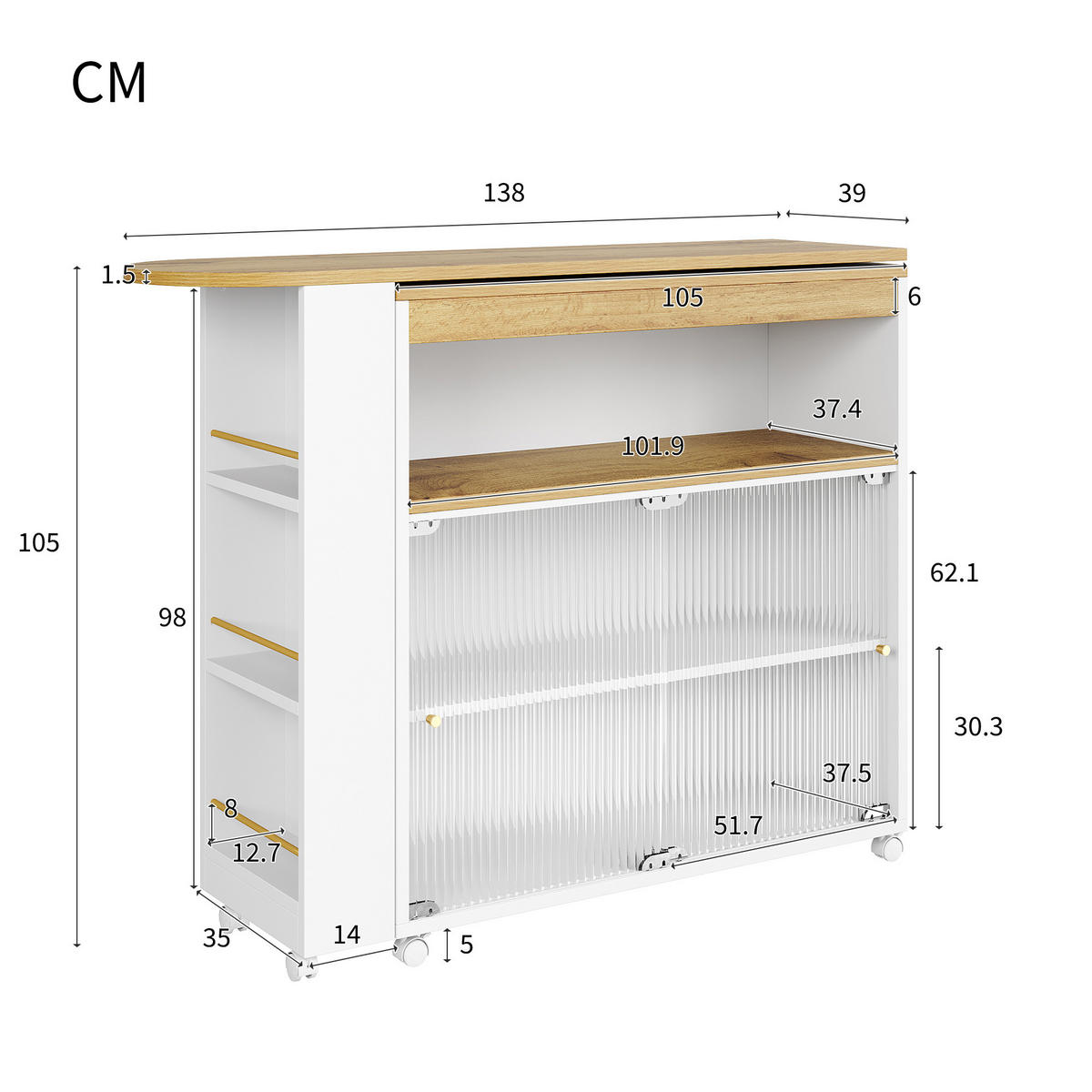 BARTISCH 138/39/105 cm weiß mit Stauraum und LED-Beleuchtung - Weiß, Holzwerkstoff (204/39/105cm) - OKWISH
