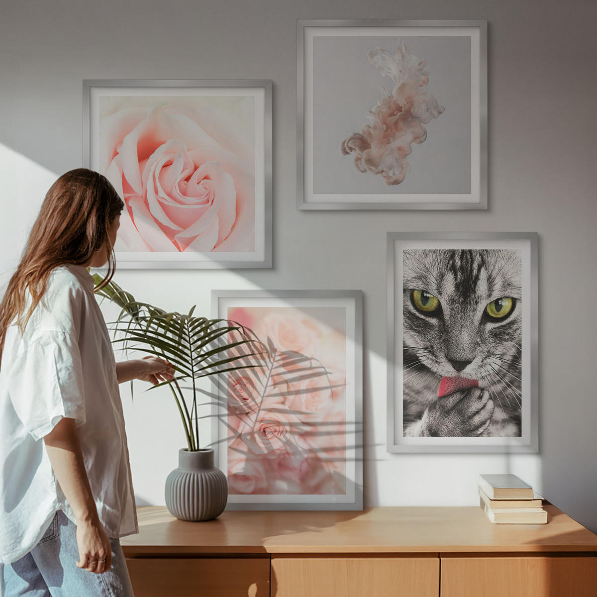 WANDBILDER 4er Set - 50x50 cm & 40x60 cm Silberner Rahmen - Abstrakte Darstellung von grauen Katzenrosen - Silberfarben, Kunststoff (50/50cm) - ArtPrintCave