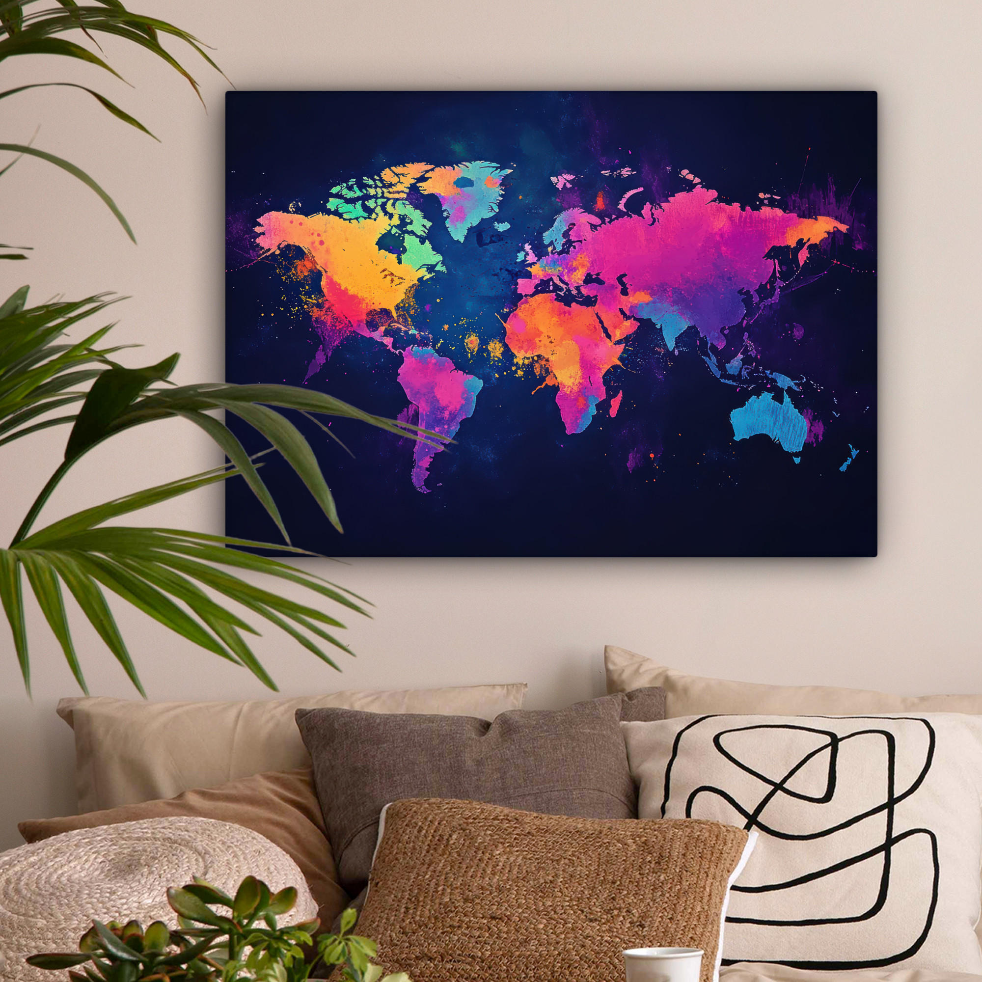 LEINWANDBILD Weltkarte - Bunt - Graffiti Wandbilder 80x60 cm - Multicolor, Textil (80/60cm) - MuchoWow