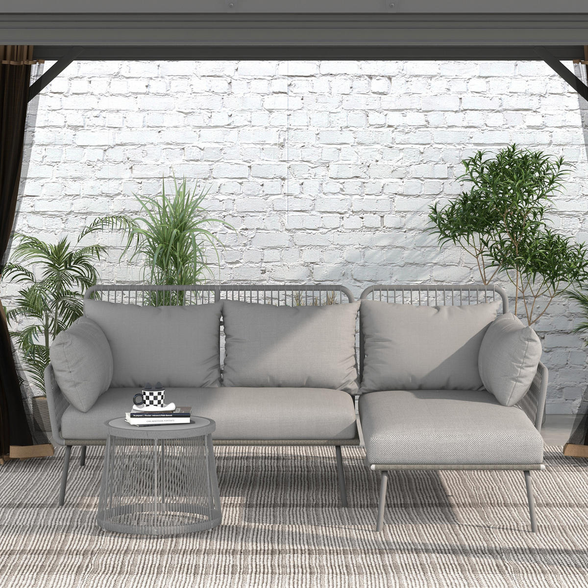 SITZGRUPPE mit Kissen, 3 tlg. Rattan Gartenmöbel-Set, Gartengarnitur, Hellgrau - Hellgrau, Kunststoff - Outsunny