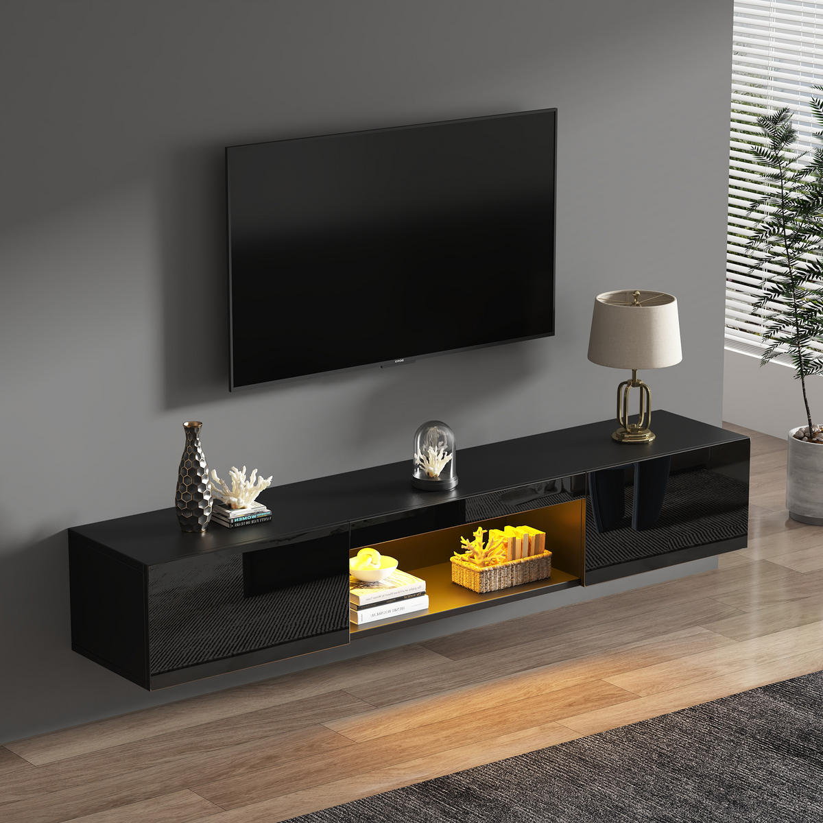 TV-SCHRANK 160/31/22 cm Schwarz Hochglanz mit LED und 2 Türen - Schwarz, Holzwerkstoff (160/22/31cm) - Oxeza