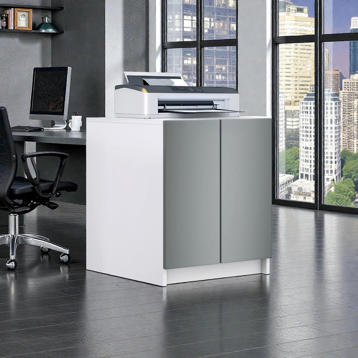 DRUCKERSCHRANK Elona, Druckerkommode mit Soft-Close & Push-to-Open, Home Office & Büro, Weiß/Anthrazit matt (51 x 60,5 x 54 cm) - Anthrazit, Holzwerkstoff (51/60.5/54cm) - InnoFurn