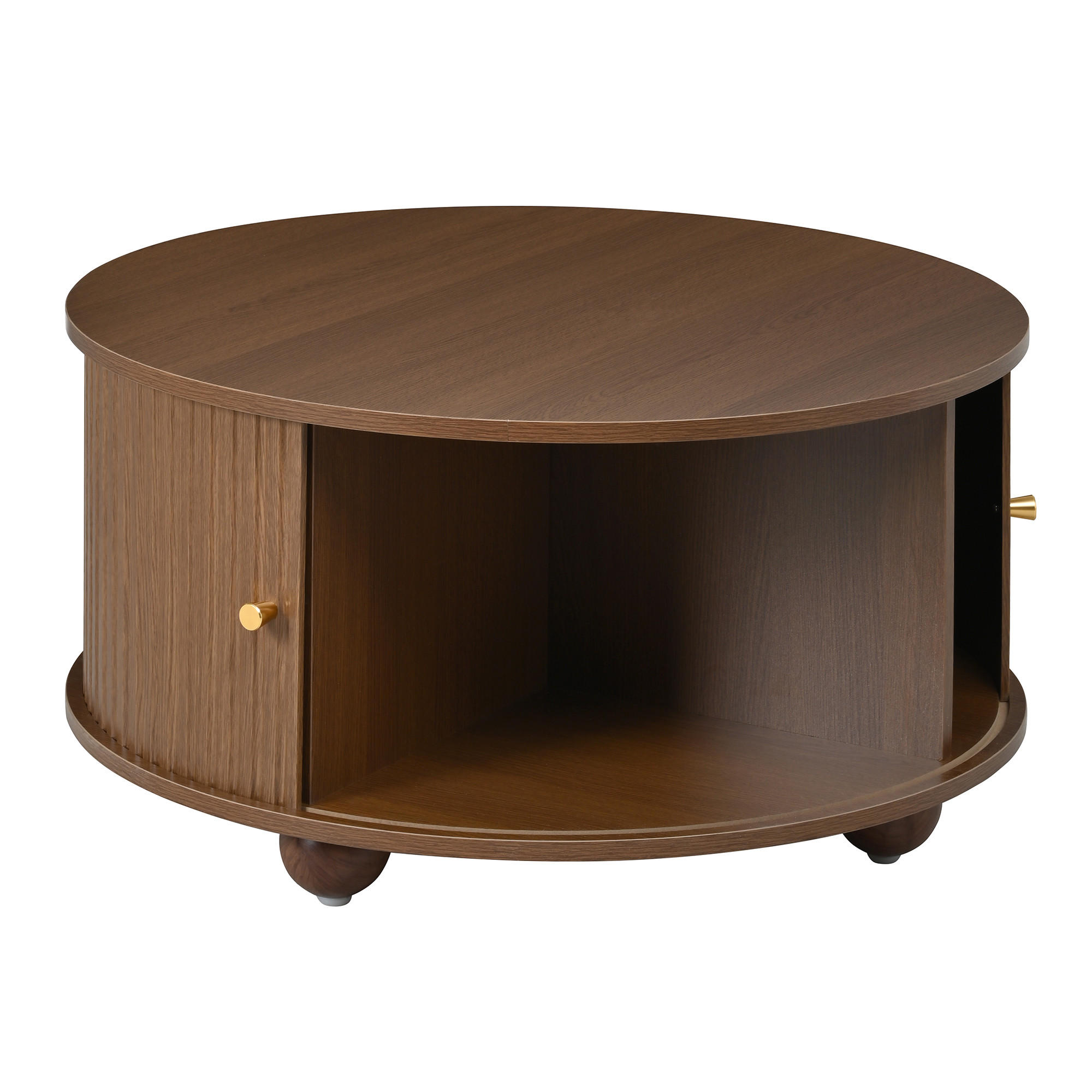 COUCHTISCH DE-37072 rund mit Reliefstruktur und 2 Schiebetüren Nussbaum - Walnussfarben, Holzwerkstoff (72/72/38cm) - ComfortXL