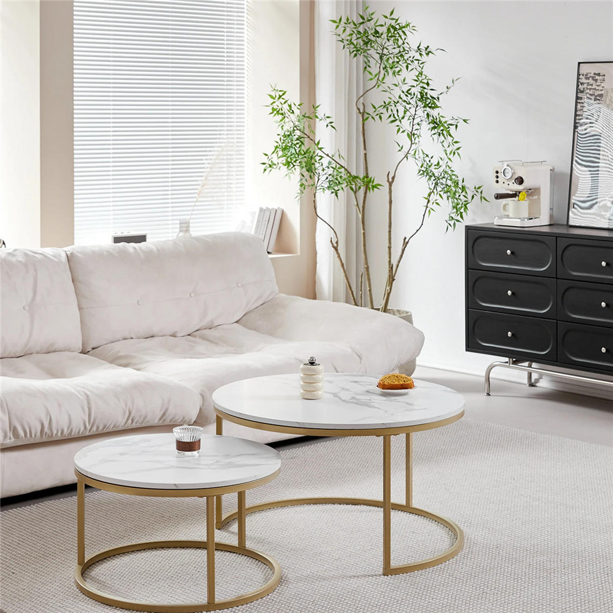 COUCHTISCH 2er-Set rund 60 cm Marmoroptik Wohnzimmertisch modern - Weiß, Metall (60/60/44.5cm) - Kaket