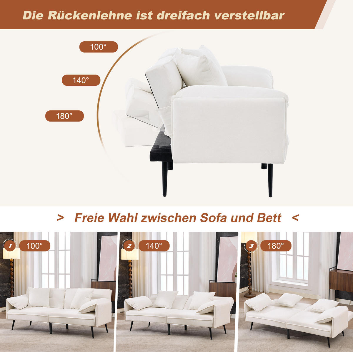 SCHLAFSOFA 2-Sitzer, Stoff mit 3-fach verstellbarer Rückenlehne, 167,5/73/70 cm, Weiß - Weiß, Textil (73/70/167.5cm) - Redom