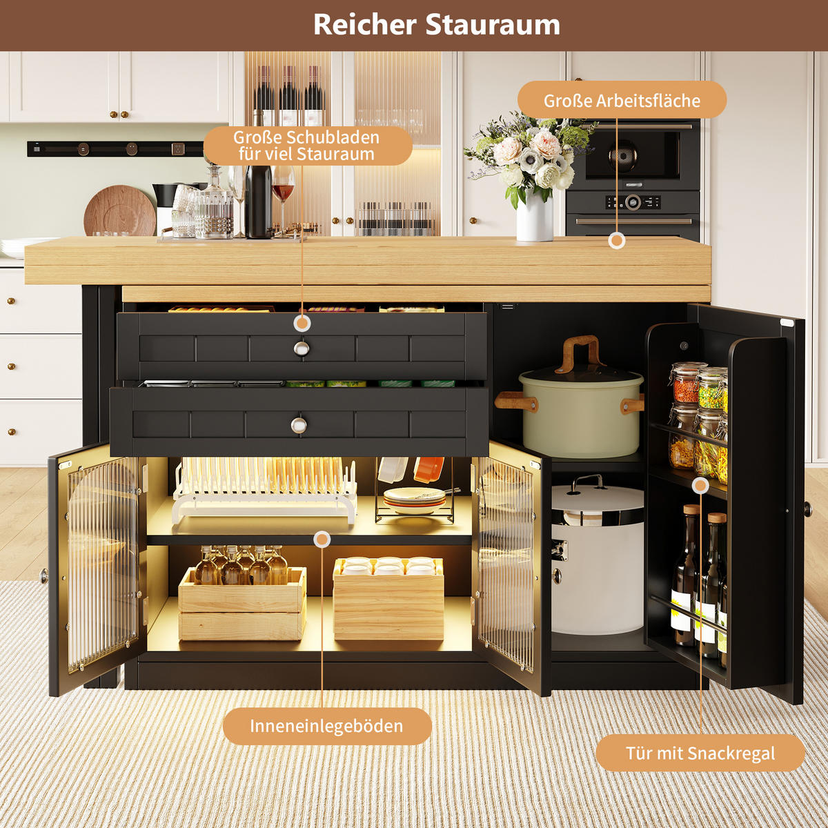 KÜCHENINSEL Ausziehbar 120 194cm 360° Drehbar Glastüren Schwarz - Schwarz, Metall (120/73.5/40cm) - FLIEKS