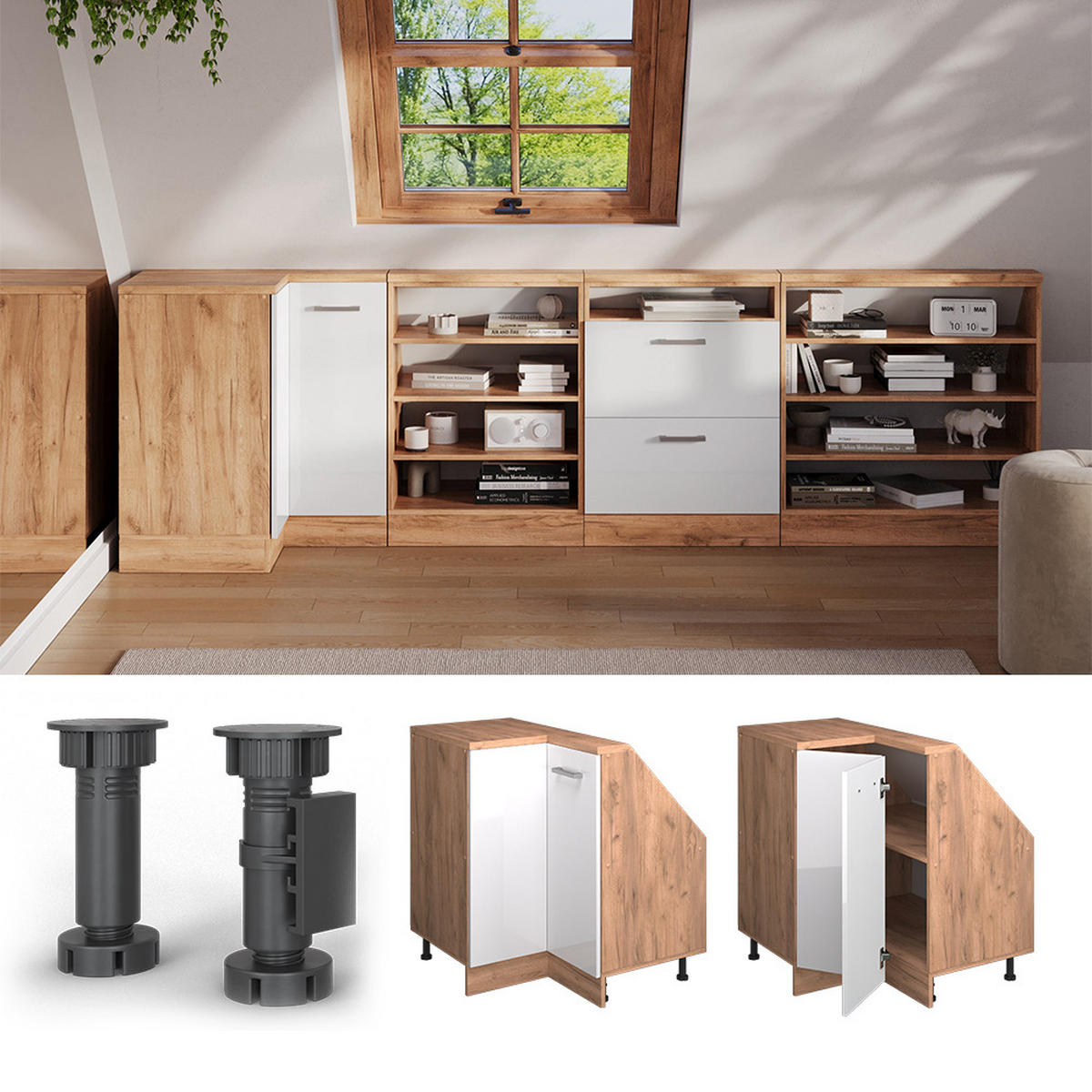 DACHSCHRÄGENSCHRANK ECKSCHRANK Rion Weiß Hochglanz/Goldkraft Eiche 75.6 x 81.6 cm mit 1 Tür - Honigeiche/Weiß Hochglanz, Holzwerkstoff (75.6/81.6/75.6cm) - Vicco