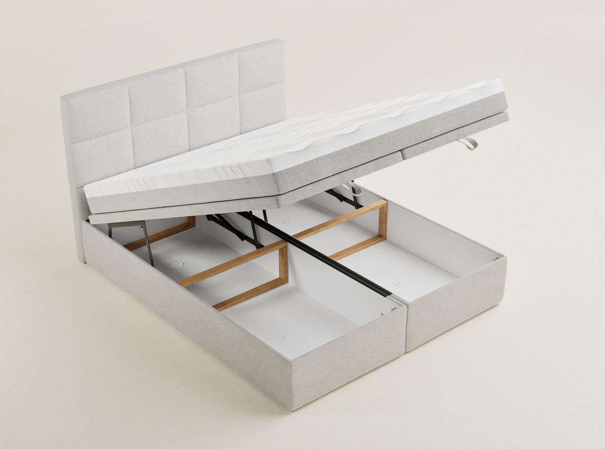 BOXBETT 180/200 cm Umage, in Hellbeige, Matratze, gepolstertes Kopfteil, Bettkasten, H3 = fest - Beige/Schwarz, Holz/Holzwerkstoff (180/200cm) - Maison de Reve