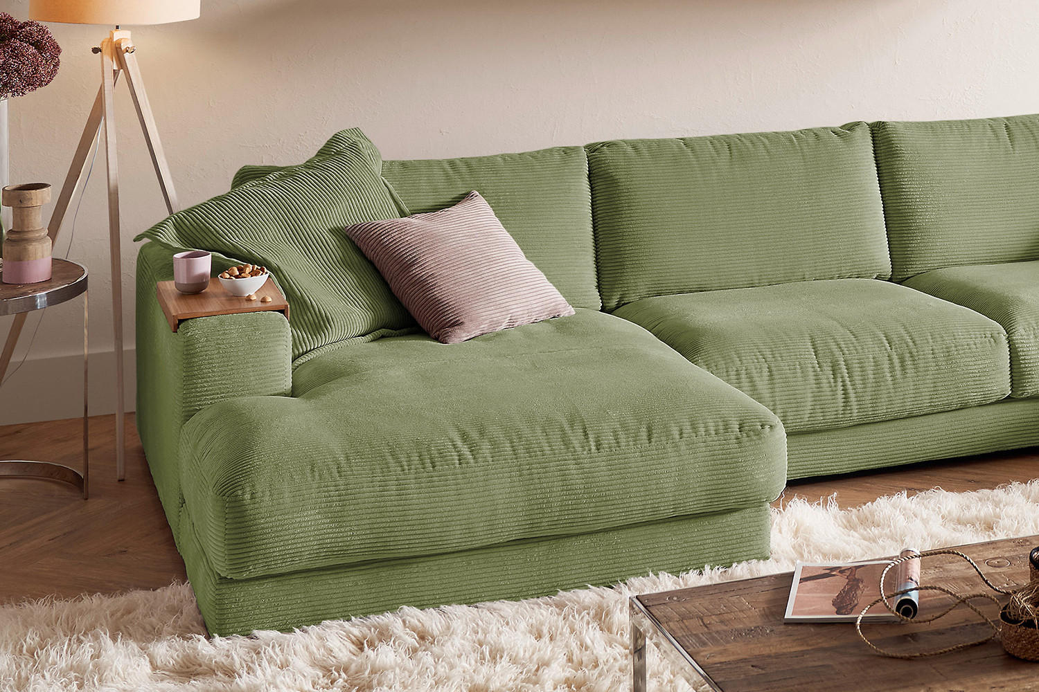 WOHNLANDSCHAFT MADELINE Dunkelgrün Cord - Dunkelgrün/Schwarz, Kunststoff/Textil (425/86/224cm) - KAWOLA