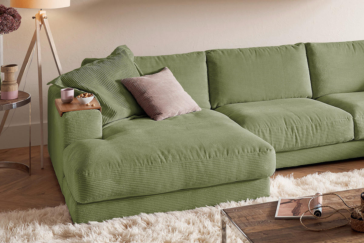 WOHNLANDSCHAFT MADELINE Dunkelgrün Cord - Dunkelgrün/Schwarz, Kunststoff/Textil (425/86/224cm) - KAWOLA