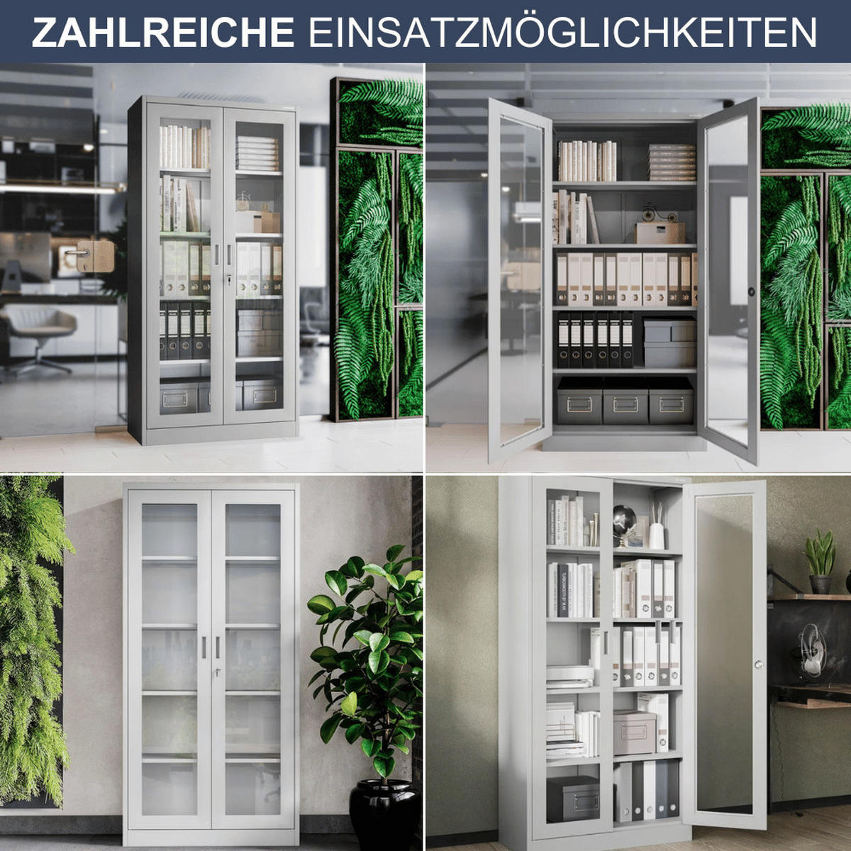 VITRINENSCHRANK abschließbar AMELIA mit Glastüren 185x90x40cm Grau - Grau, Metall (90/185/40cm) - Jan Nowak