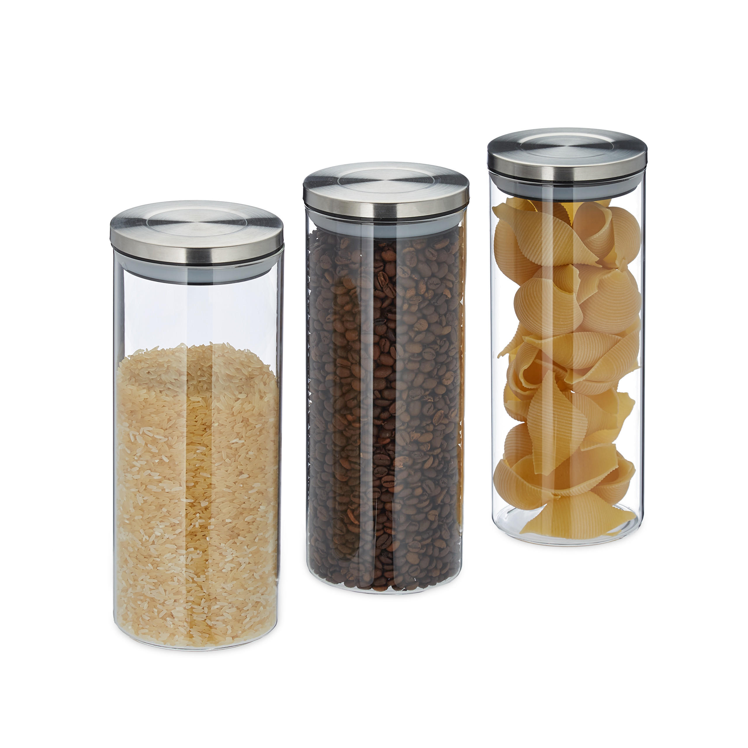 Relaxdays DÓZA Transparentní stříbrná 3ks-sada borosilikátové sklo nerezové víčko vzduchotěsná 1,5 l