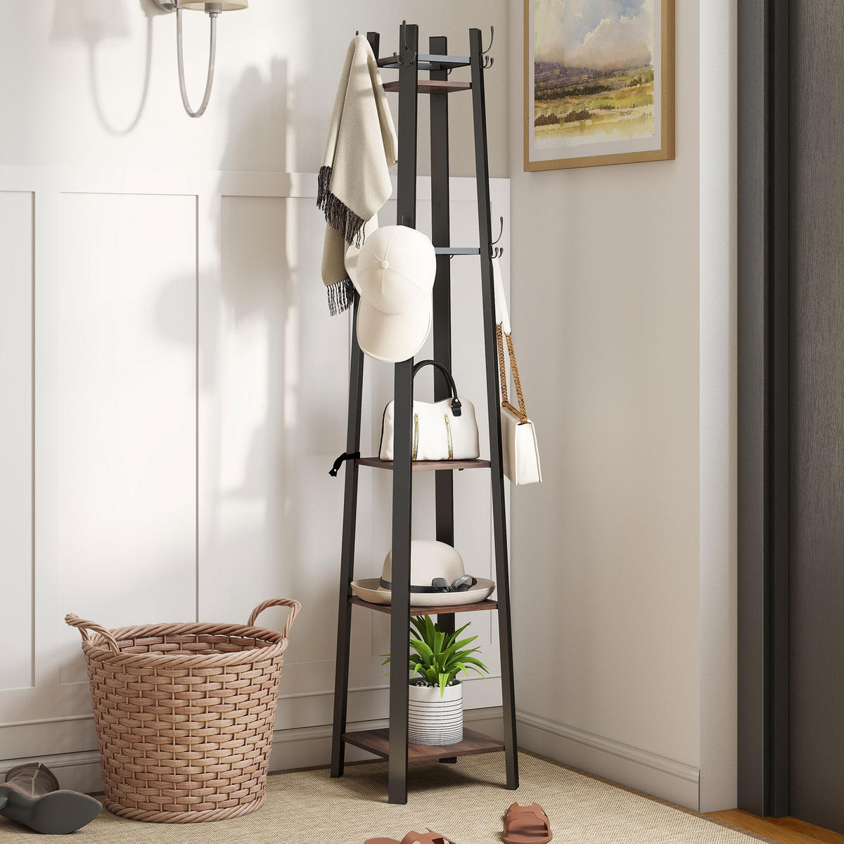 GARDEROBENSTÄNDER, Kleiderständer mit 4 Ablagen und 8 Haken im Industrie-Stil - Schwarz/Braun, Holzwerkstoff/Metall (34.8/179/34.8cm) - HOMCOM