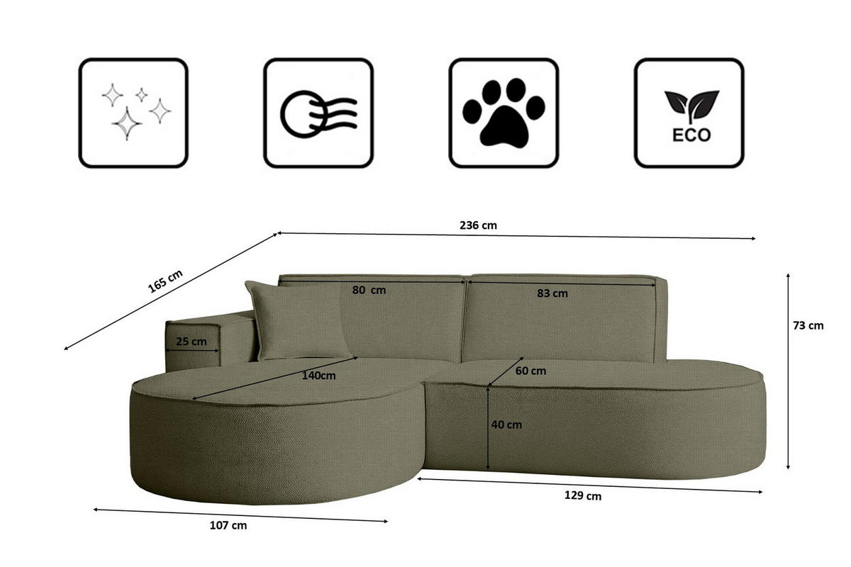 ECKSOFA Modena Studio Stoff Artico, Moss Links - Grün, Holz/Textil (165/236cm) - Kaiser Möbel