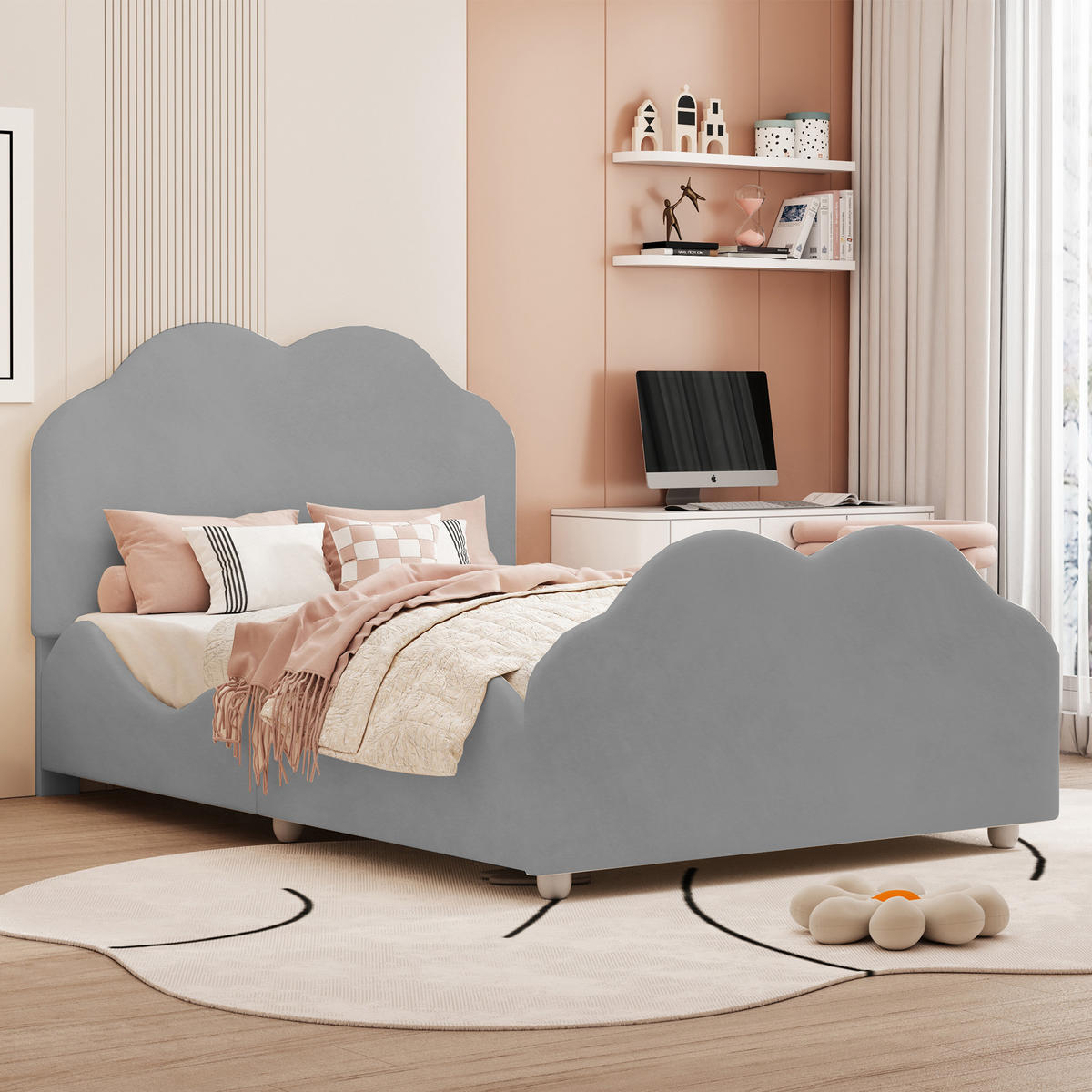 KINDERBETT 90/200 cm hohes Geländer mit wolkenförmigem Kopfteil Grau - Grau, Textil (90/200cm) - OKWISH