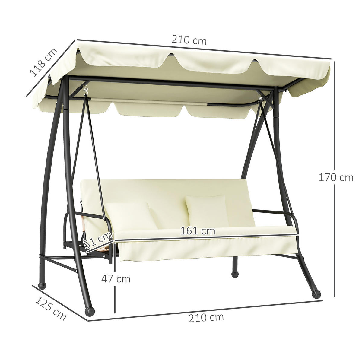 HOLLYWOODSCHAUKEL 2 in 1 mit Liegefunktion 3-Sitzer Gartenschaukel Cremeweiß - Creme, Metall (125/170/200cm) - Outsunny