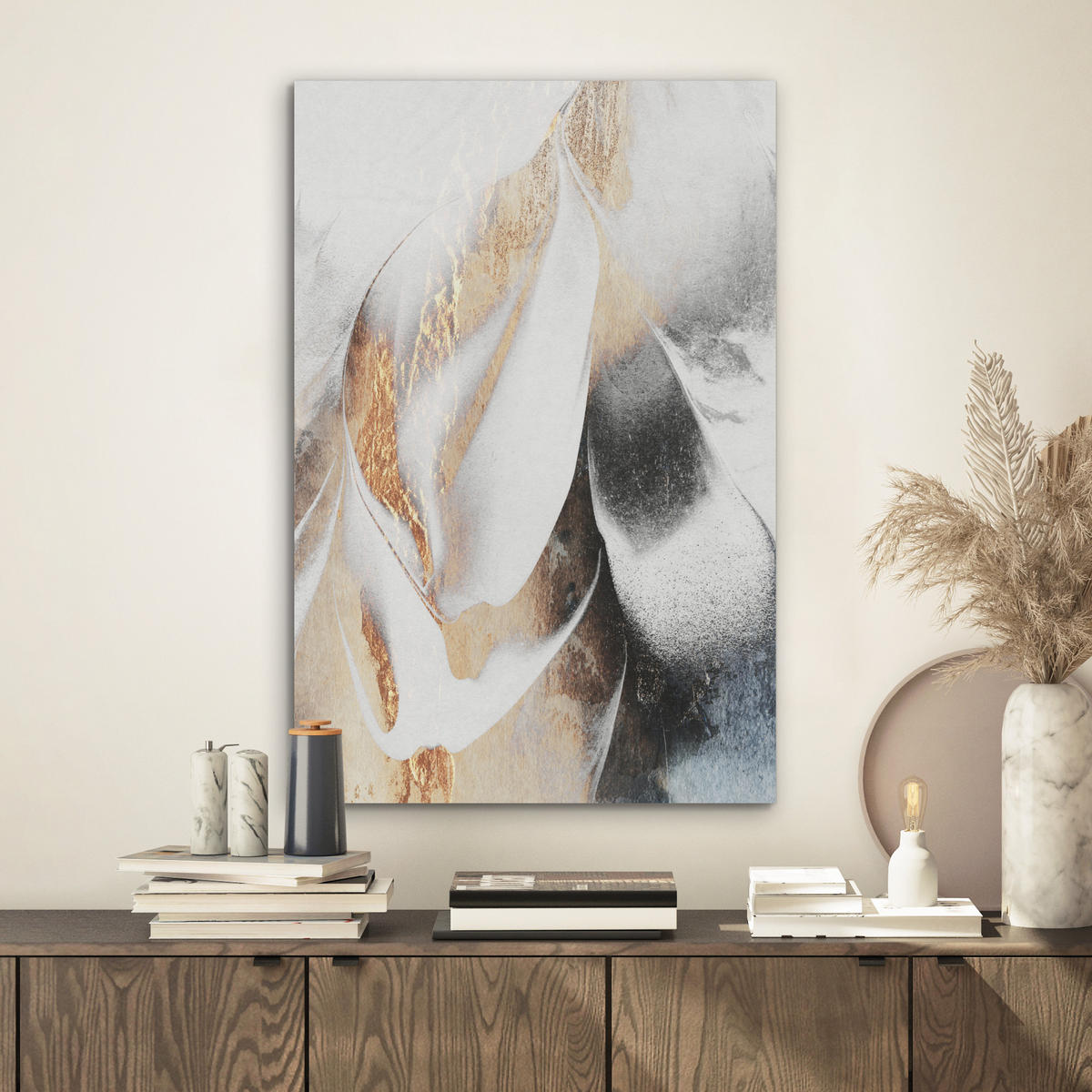 AKUSTIKBILD Luxus - Abstrakt - Gold - Weiß Kunstdruck Schlafzimmer 50x70 cm - Goldfarben, Kunststoff (50/70/0.9cm) - MuchoWow