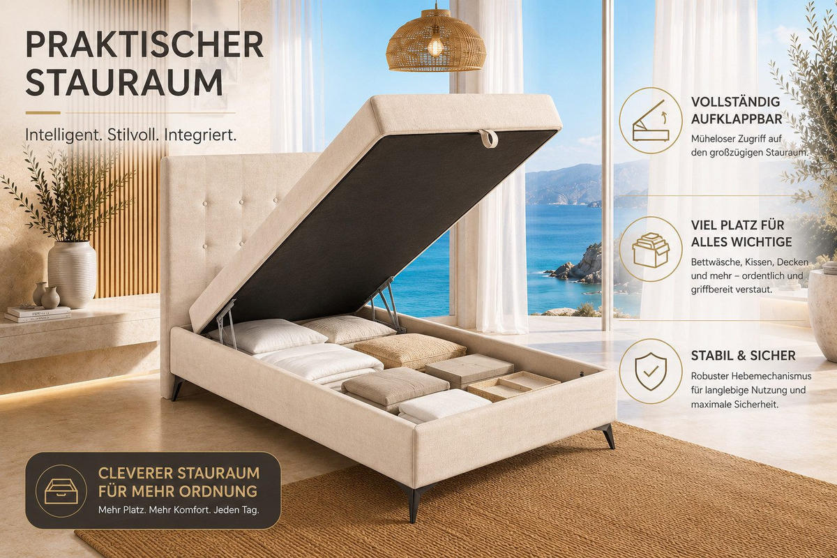 BOXBETT K15 Single SLIM mit Bettkasten & Bonell-Federkern inkl. Topper - Beige, Holz/Textil (200/90cm) - Best For Home