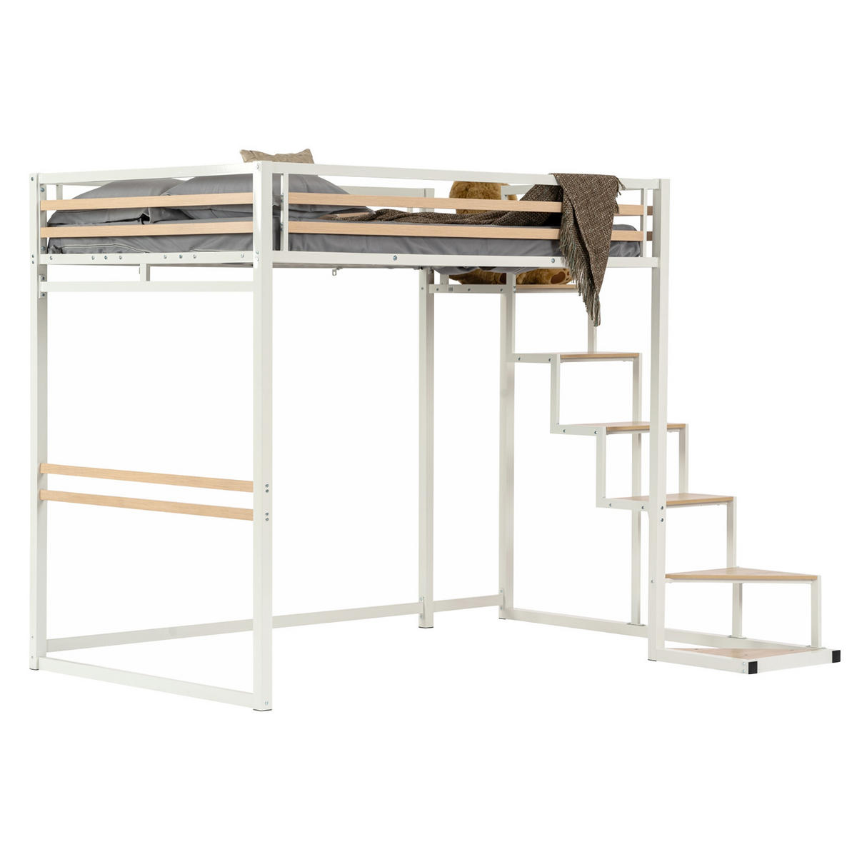 HOCHBETT mit Treppe und Arbeitsbereich – Metallbett Weiß/Eicheoptik, platzsparendes Loftbett mit Schreibtischbereich - Weiß, Metall (148/201cm) - Meubles Cosy