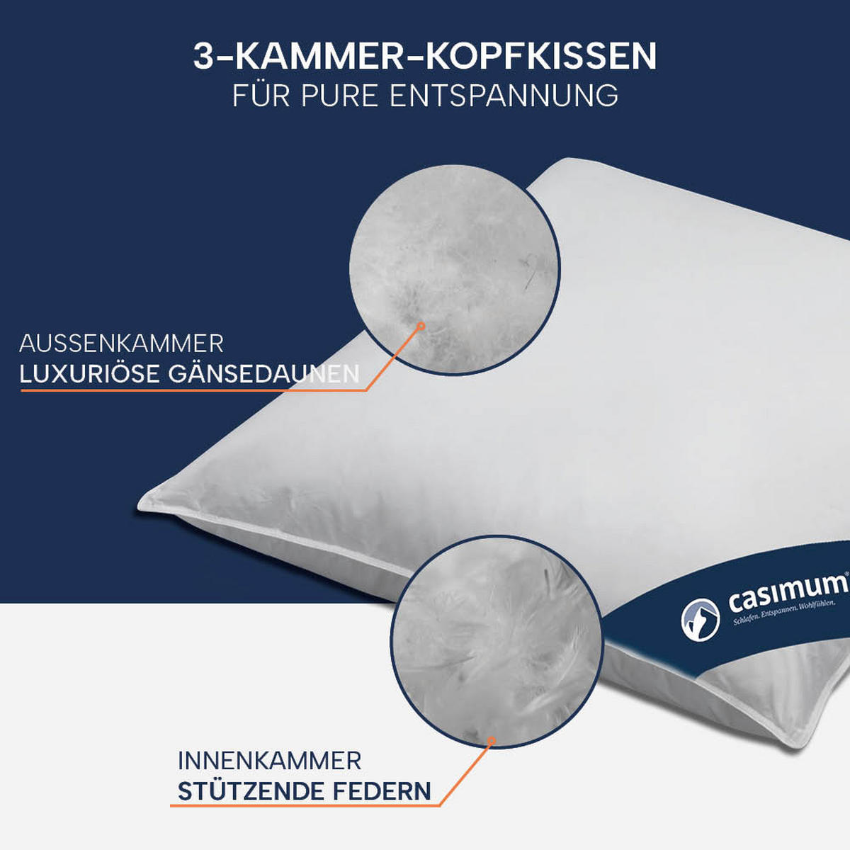 KOPFKISSEN 40x80 cm weich & stützend, 3-Kammer Daunenkissen 100% Gänsedaunen (Außen) - Weiß, Textil (40/80cm) - casimum