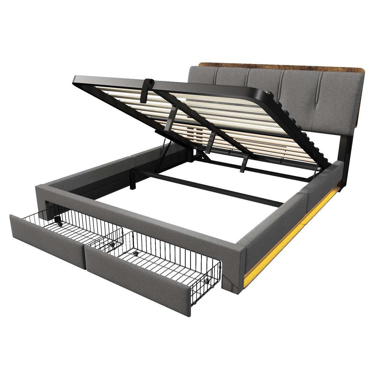 POLSTERBETT 140/200 cm Grau mit USB-Typ-C-Ladeanschluss, LED-Beleuchtung und 2 Schubladen - Grau, Textil (140/200cm) - Oxeza
